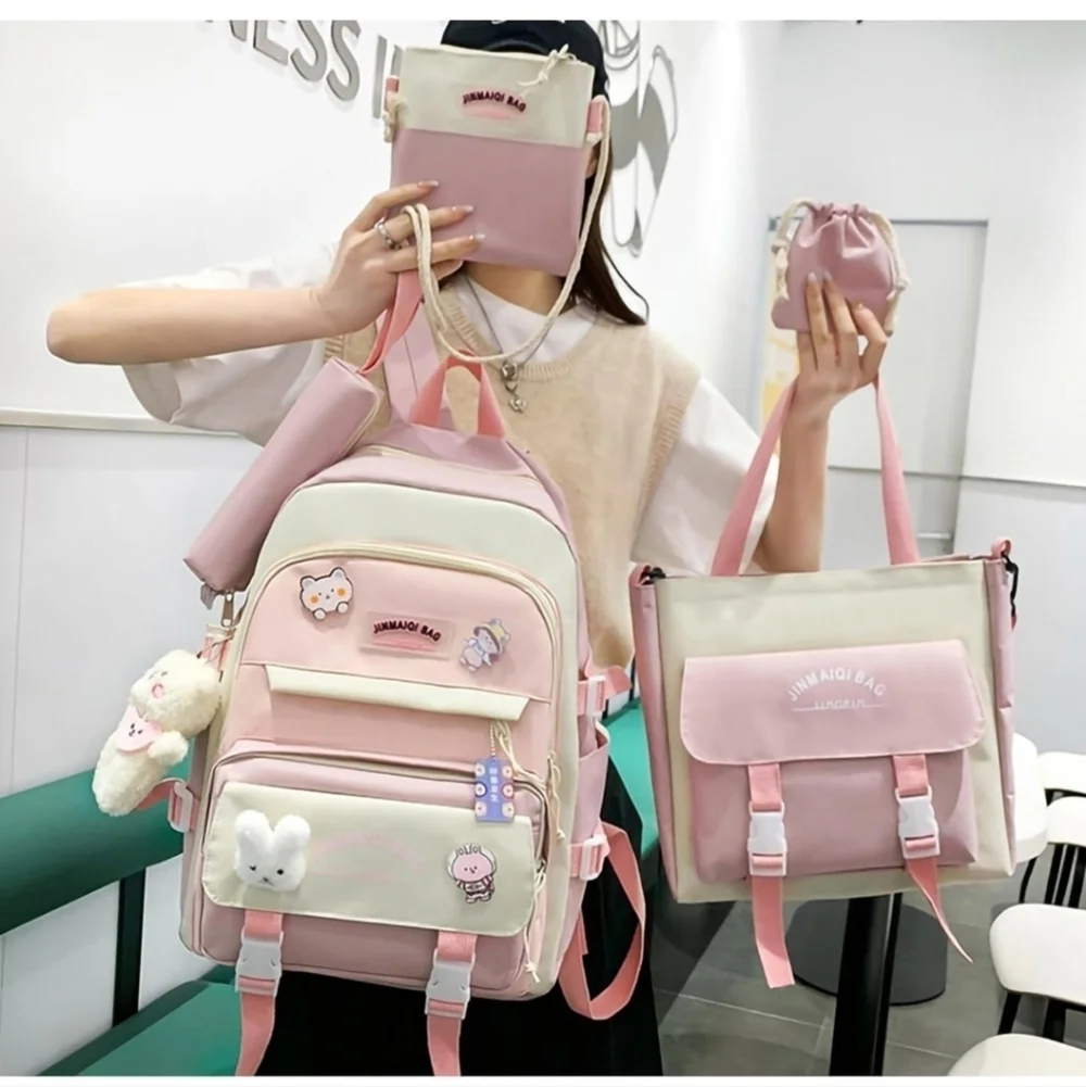 Pink and Cream Kids Backpack Set 5 piece kawaii school backpack cute women's bag